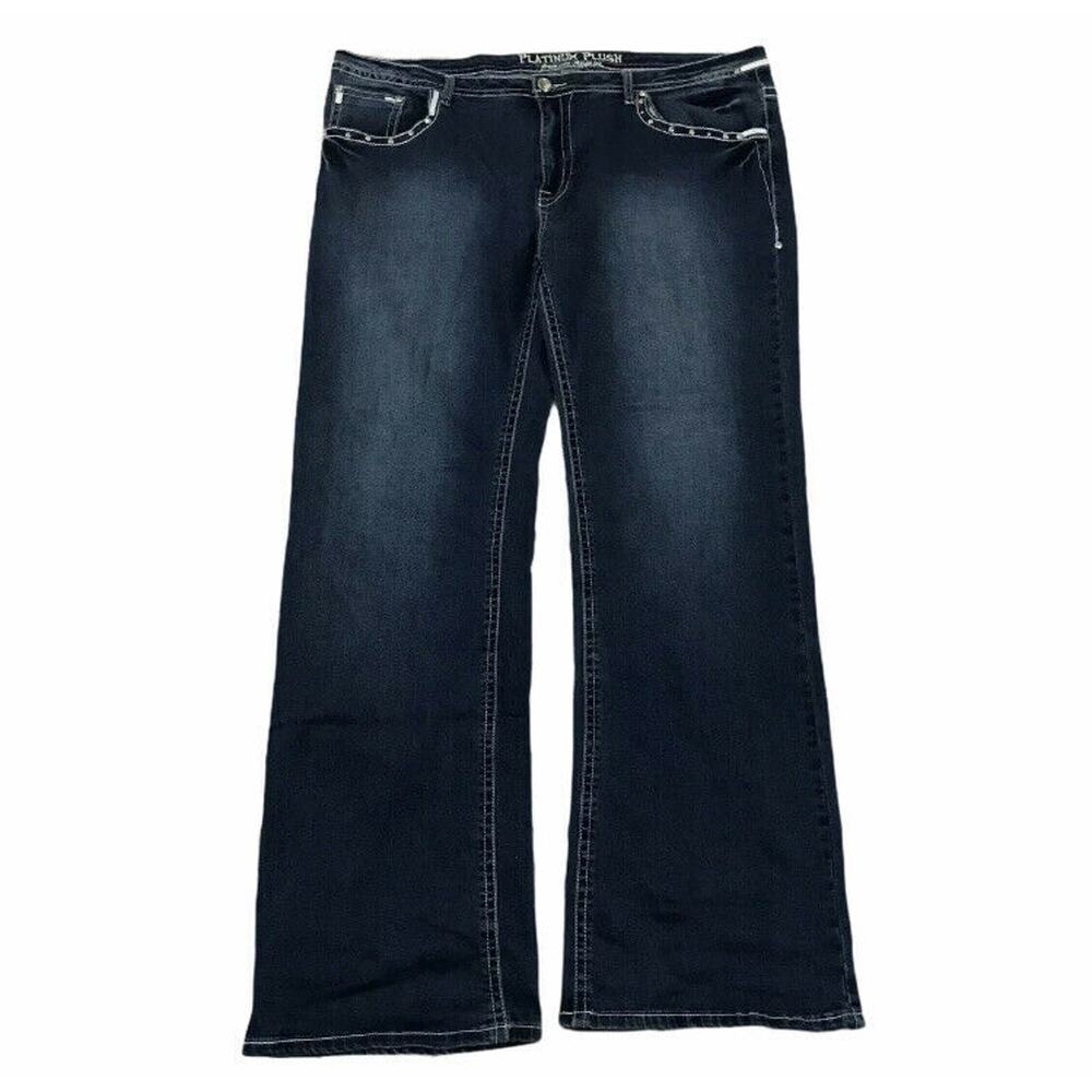 Platinum Plush Women's Jeans Flap Pockets Rhinestones Crosses Flare Size 25 45"W